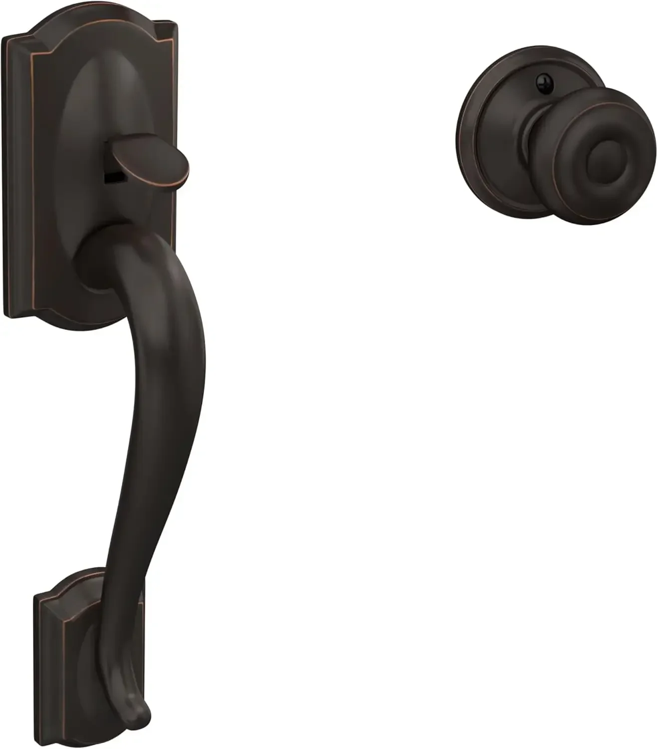 FE285 CAM 716 GEO Camelot Front Entry Handleset with Georgian Knob, Lower Half Grip, Aged Bronze