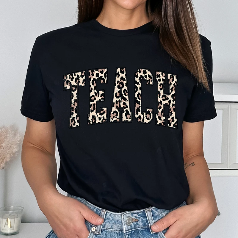 Teach Leopard Print T-Shirt Soft Casual Educator Top Vintage Teacher Tee Leopard Print T-shirt Teacher Life Short Sleeve Tee