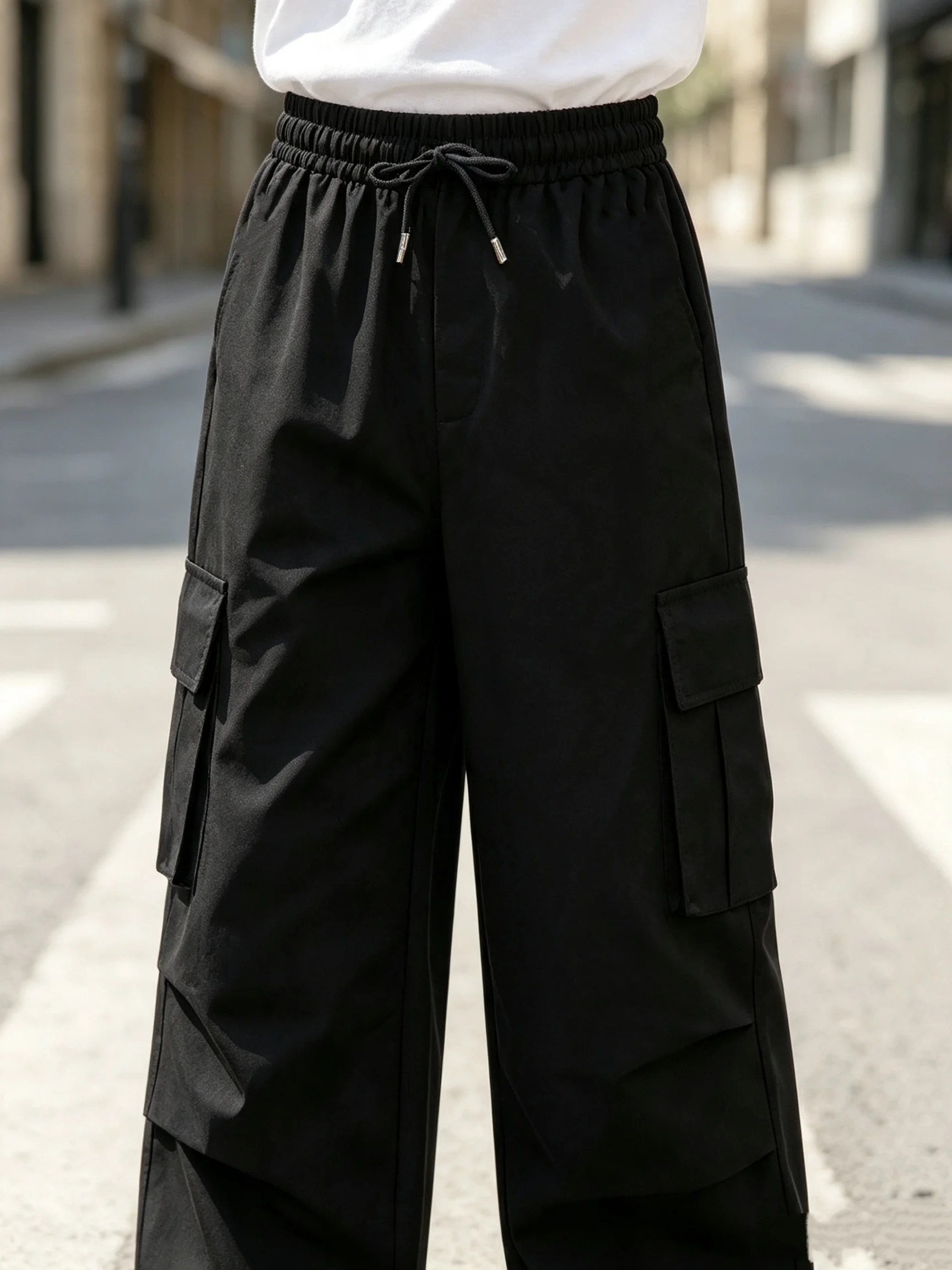 Boys Comfortable Casual Pants Black Multi Pocket Cargo Style Elastic Waist Loose Wide Leg Trousers For School Outdoor Wear