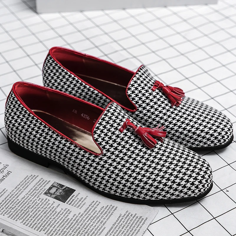 houndstooth men loafers cow suede leather shoes party nightclub dress slip on summer shoe comfortable sneakers zapatos hombre