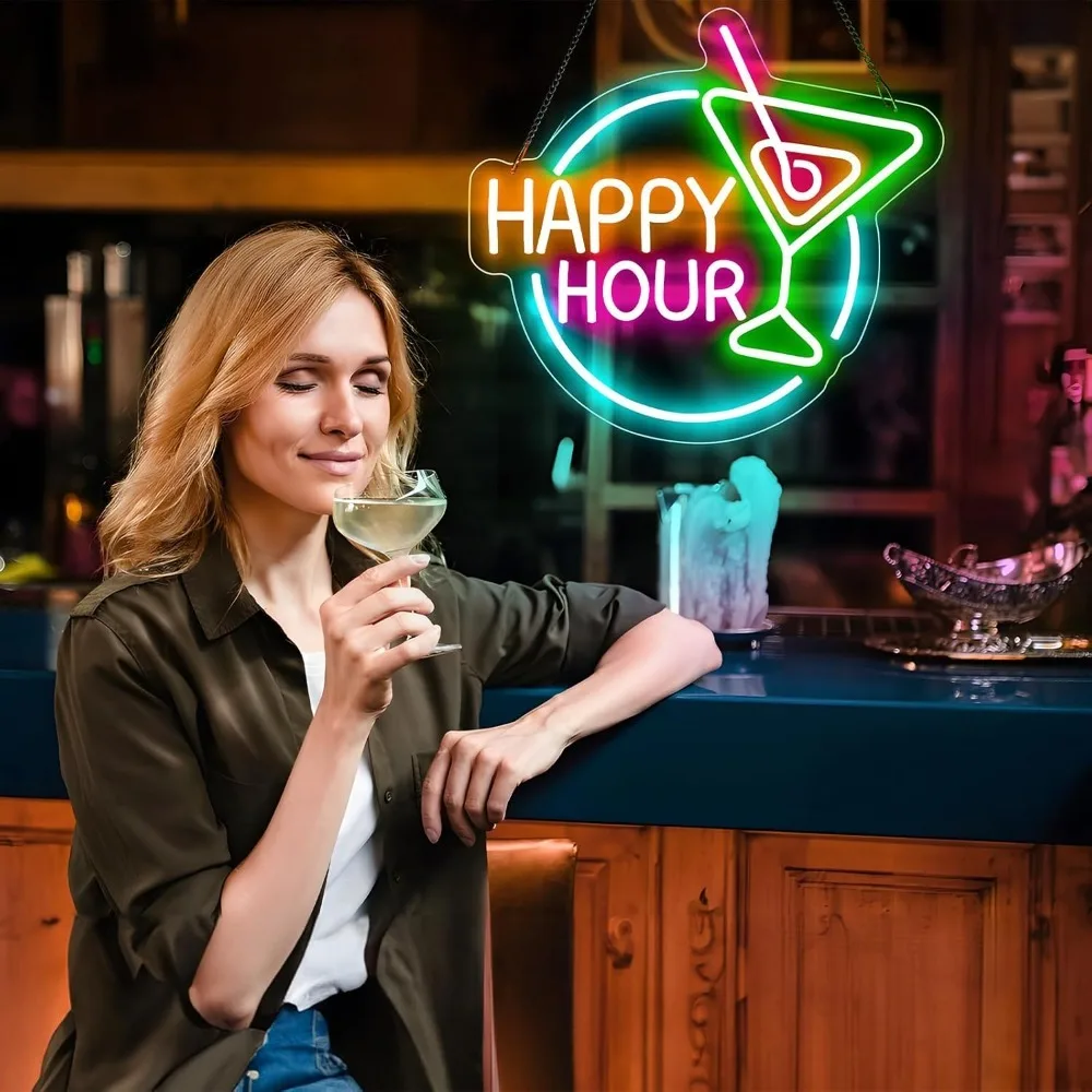 Happy Hour Neon Sign Dimmable LED Happy Hour Neon Bar Signs for Home Bar, Bright Cocktails Happy Hour Neon Signs for Wall Decor