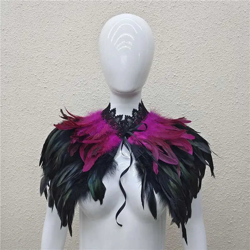 Gothic Feather Shawl for Women Mens Feathers Neck Collar Crow Costume Maleficent Witch Cosplay Cape Rave Punk Feathers Shoulder