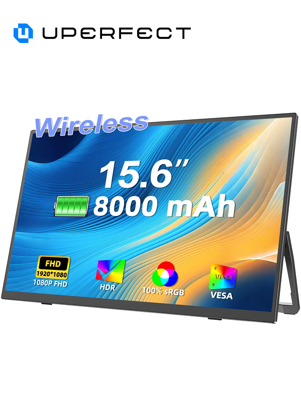 UPERFECT 15,6 Zoll kabelloser tragbarer Monitor, 60 Hz, 16:9, integrierter Akku mit Typ-C-Mini-HDMI-Zweitbildschirm für Laptop/PC/Xbox/PS5