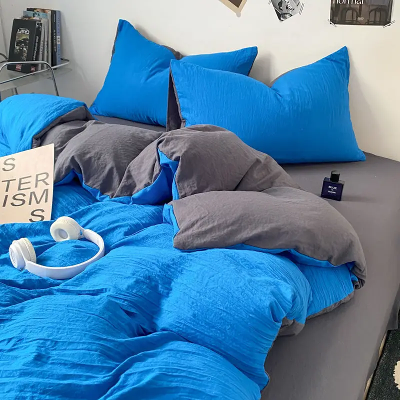 

Ins Style Nordic Fresh Blue Washed Cotton Bedding Set Four-Piece Simple Bed Sheet Bed Skirt Dormitory Quilt Cover Three-Piece