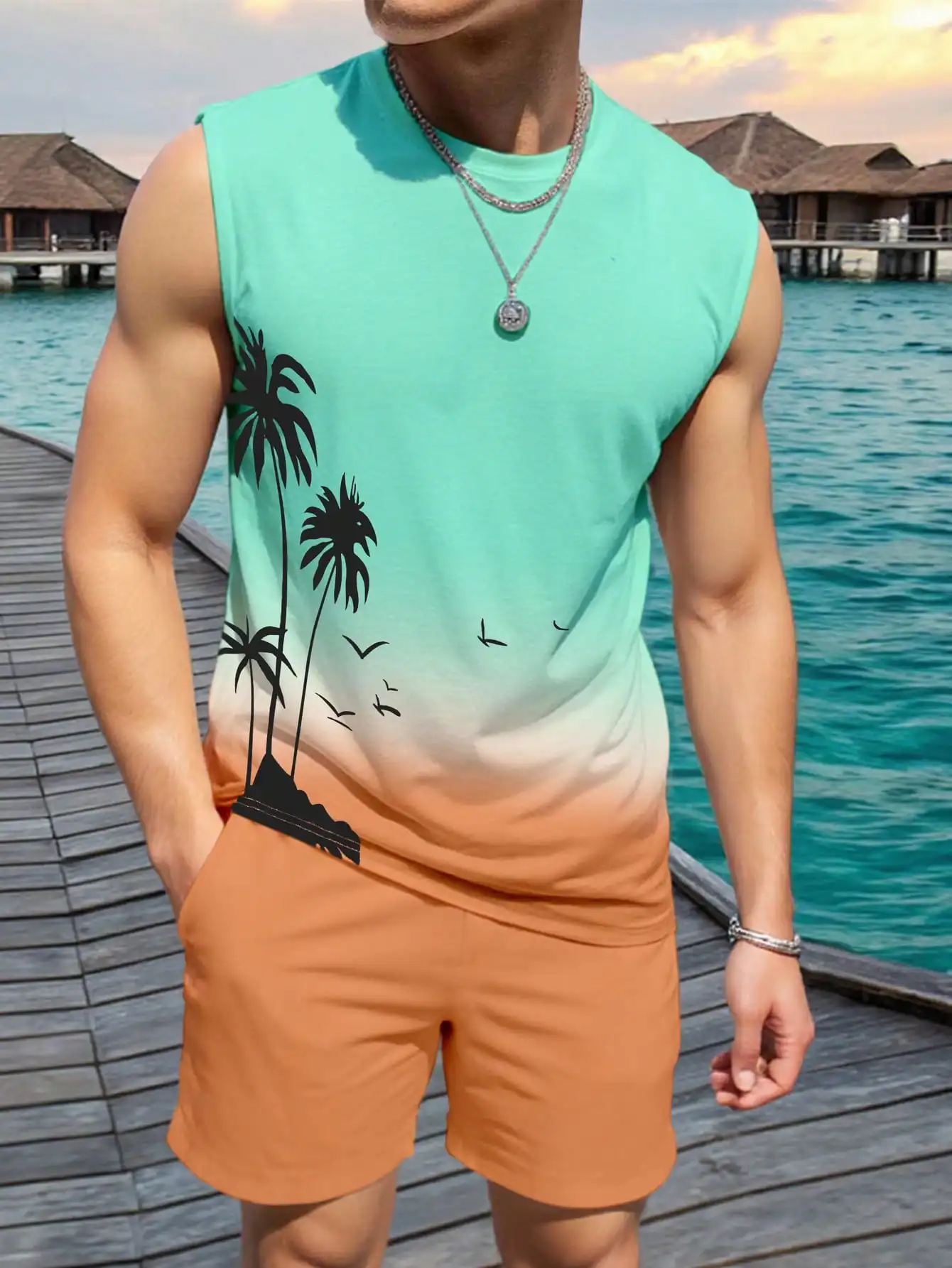 

Men's Sleeveless Gradient Tank Top & Shorts Set with Palm Tree Print, Beach Vacation Outfit