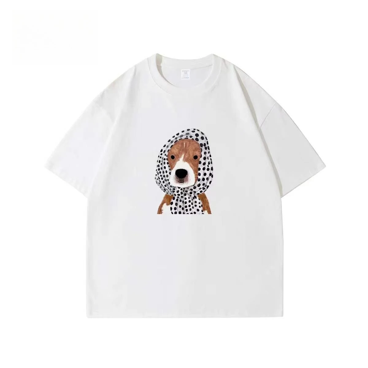 Camiseta Oversized Engraçada com Estampa de Cachorro Y2K Verão 2026, Camiseta Casual Streetwear Retrô com Estampa de Cachorro com Lenço de Bolinhas pa