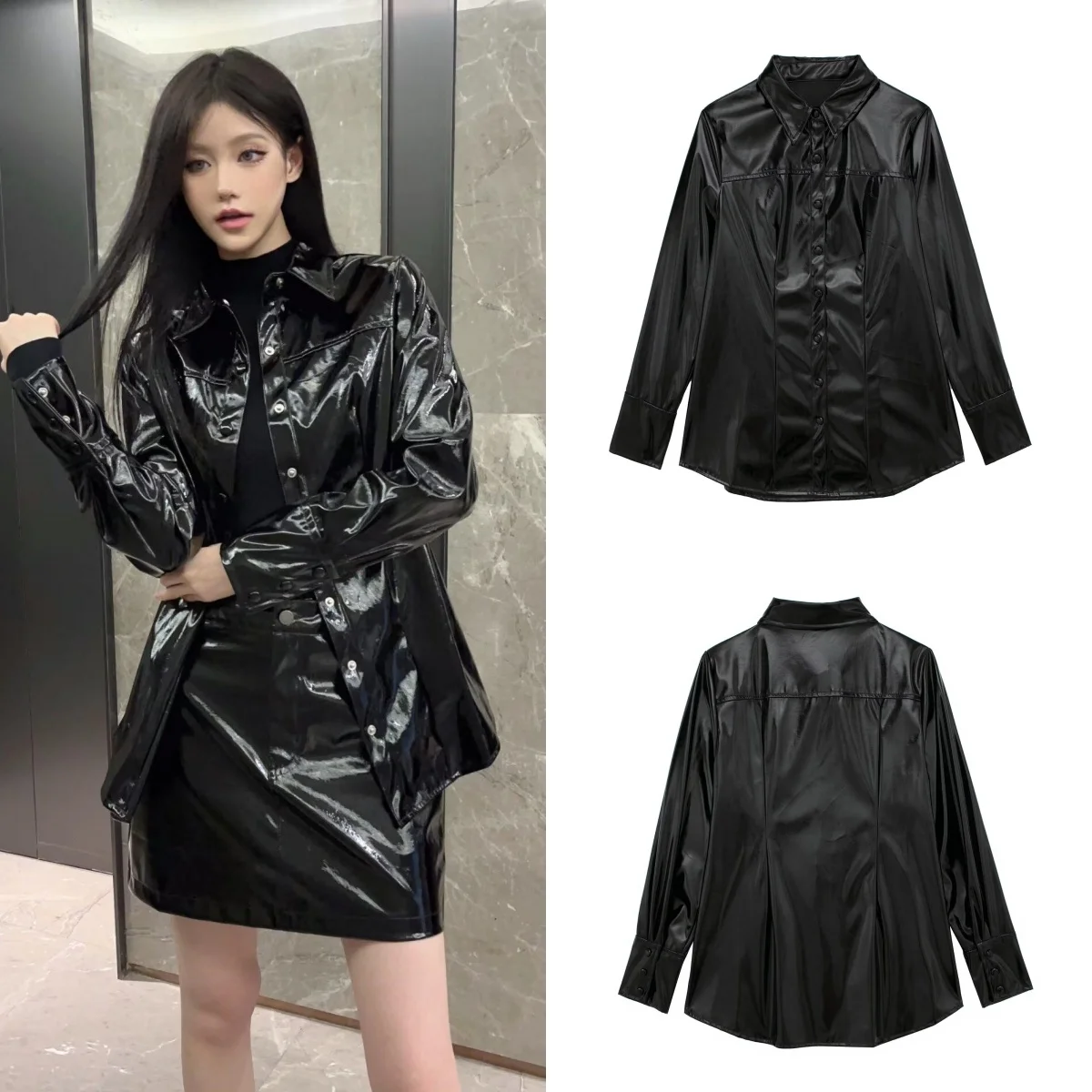 PB&ZA 2024 summer new women\'s fashion solid color lapel long sleeve bright PU imitation leather shirt