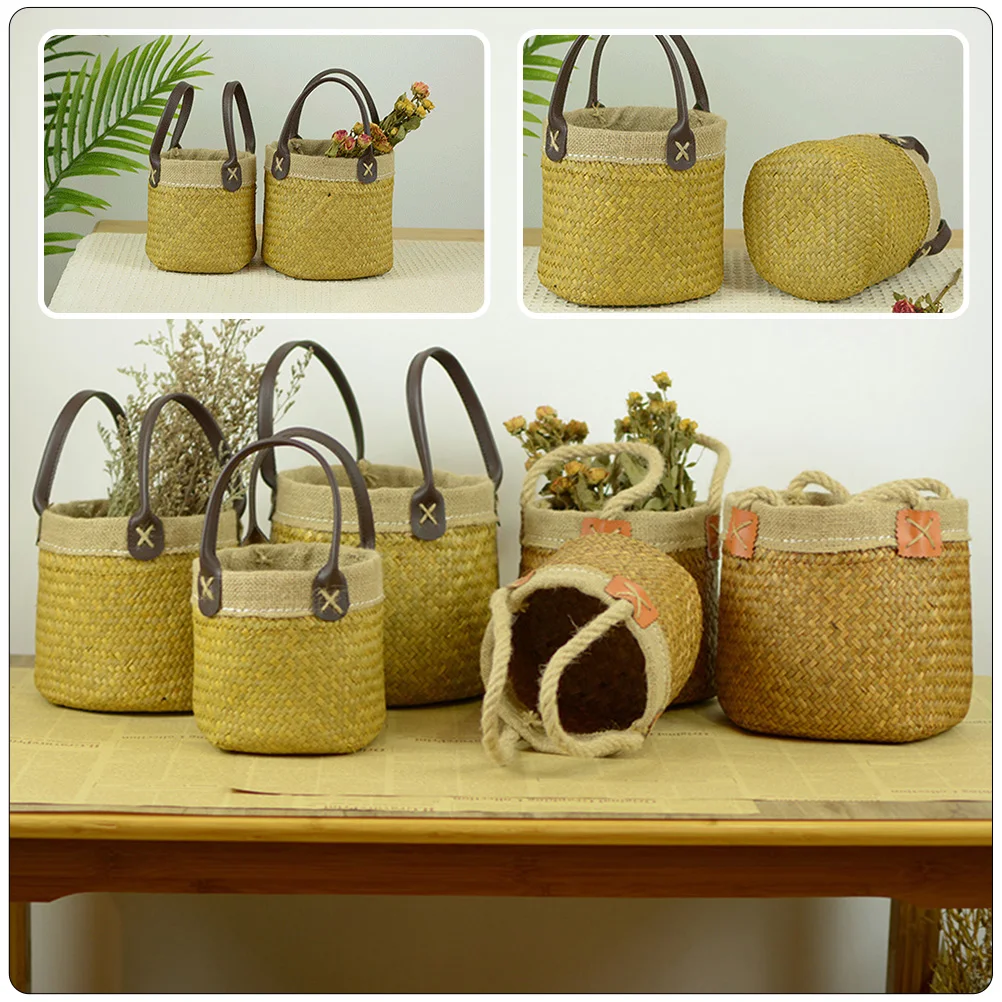 

Premium Wicker Flower Handle Portable Decorative Storage Basket For Home Wedding Flower Arrangement Dried Flowers Handmade Round