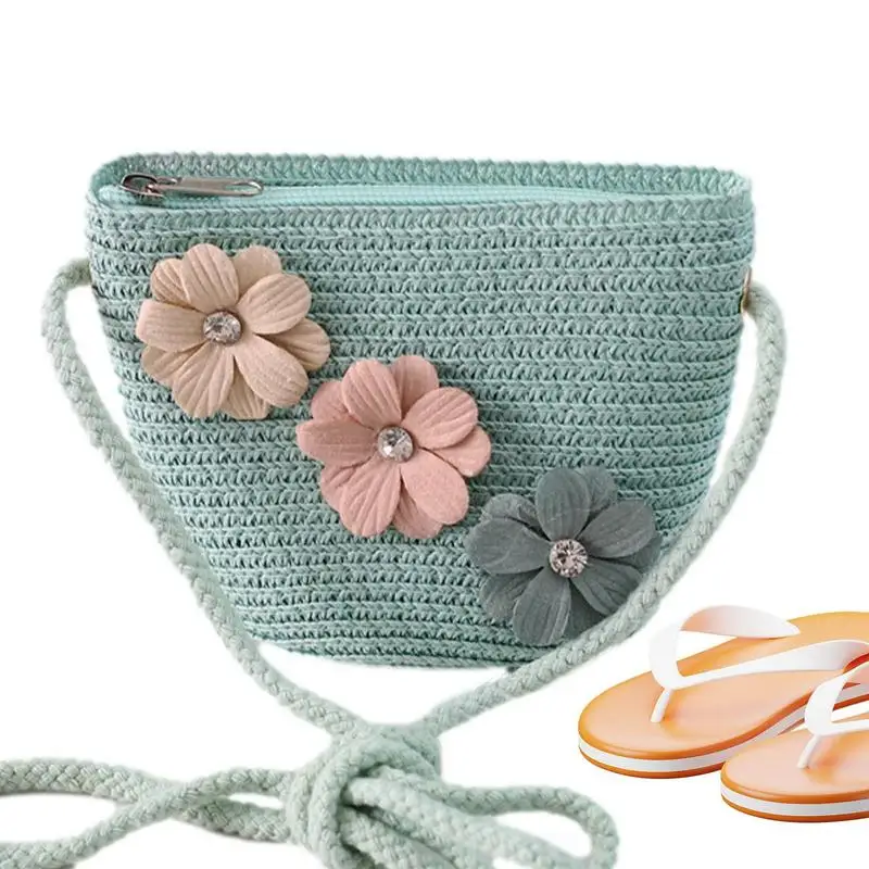 Straw Bag Little Girls Flower Straw Shoulder Crossbody Bag Fashion Straw Purses Crossbody Bag Cute Girlish Woven Bag For Girls