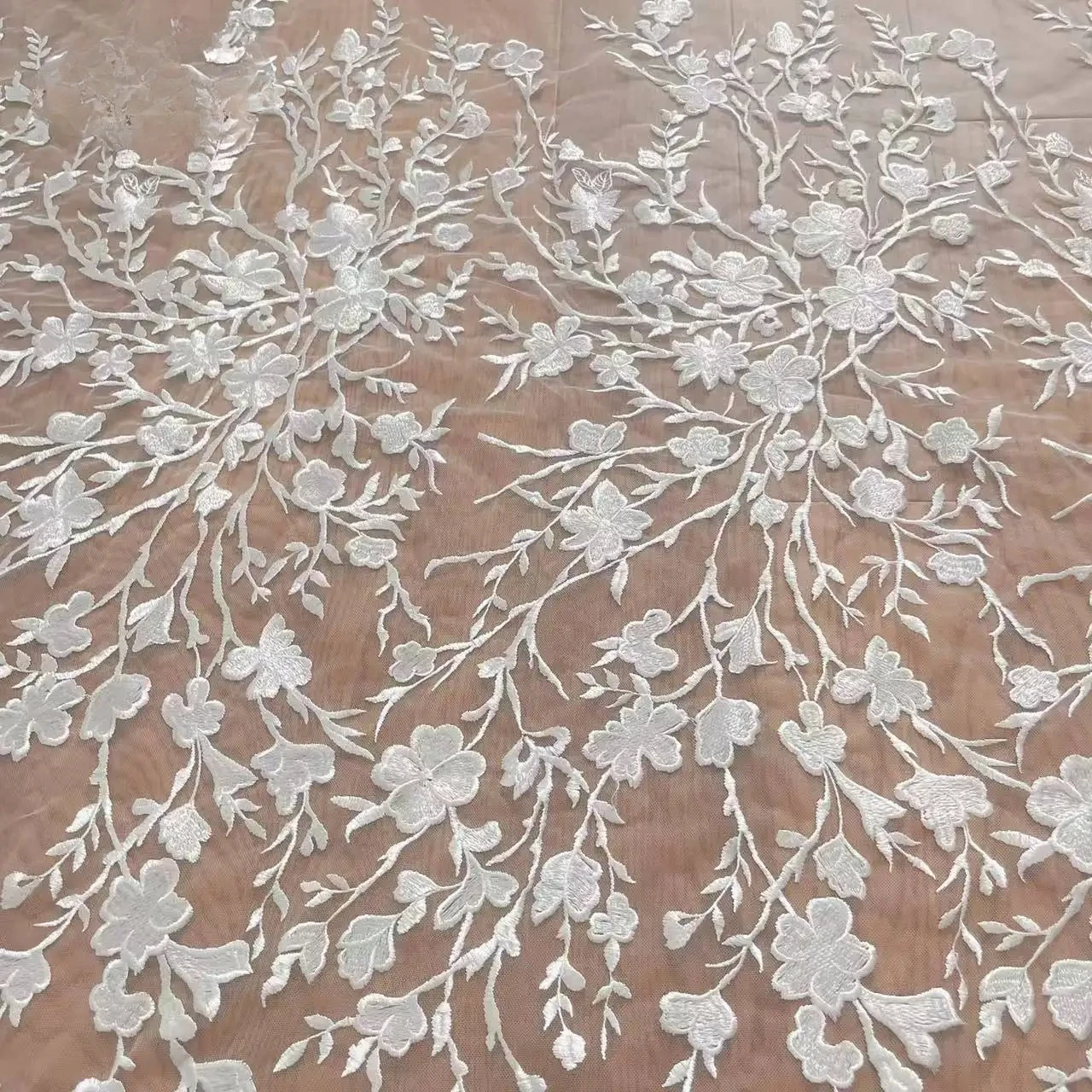 

New High Quality Embroidered Flower Twig Dress Lace Mesh Fabric, Handmade White Wedding Dress Background Decoration Accessories