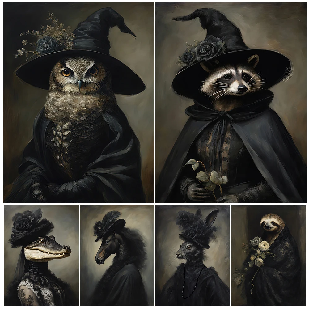 Victorian Anthropomorphic Animal Portrait Vintage Wall Art Canvas Painting,Whimsi Goth Animals Art Poster Print Home Decoration