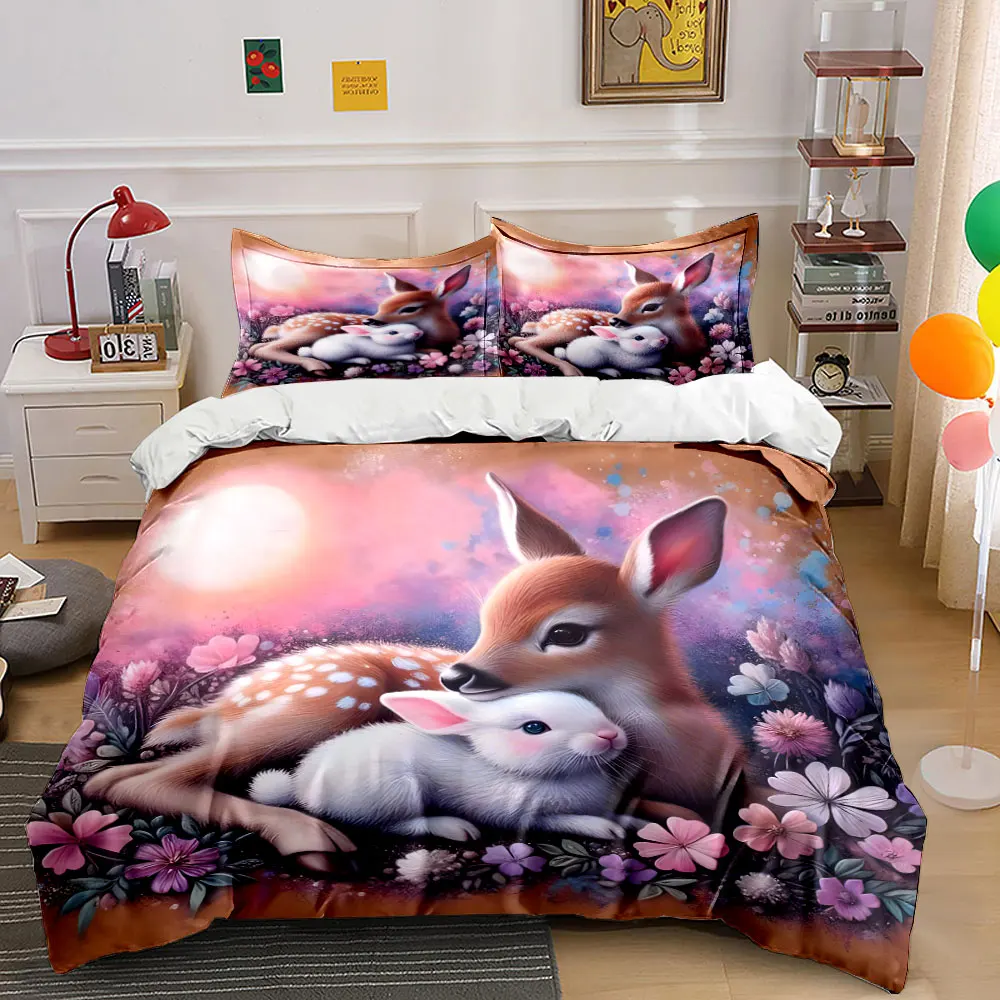 Deer Rabbit Floral Dream Design Print Bedding Set 1 Duvet Cover 2 Pillowcases for Adult and Children Luxury Gift Full Size