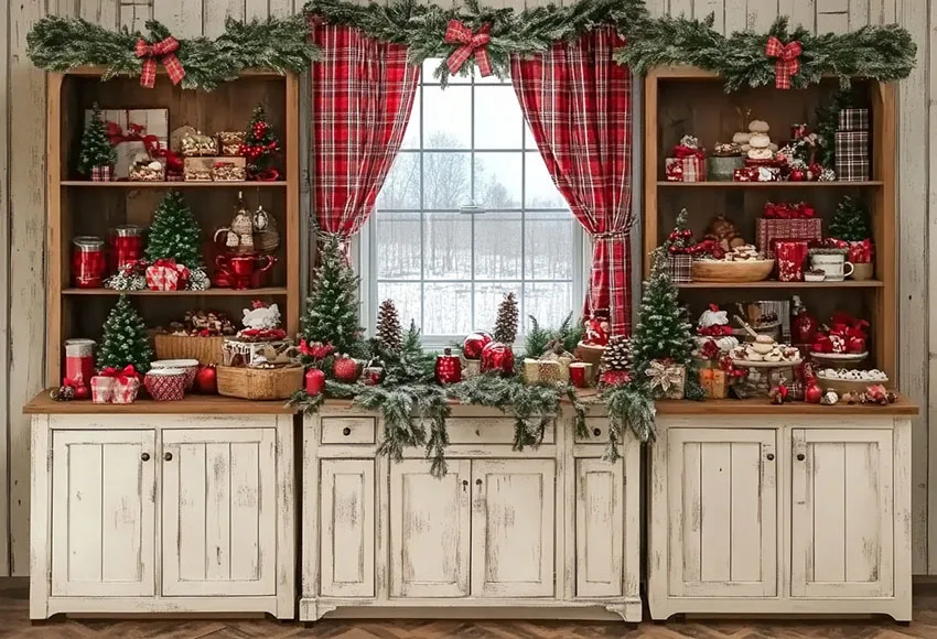 Mehofond Photography Background Christmas Kitchen White Cabinet Window Kids Family Holiday Portrait Decor Backdrop Photo Studio