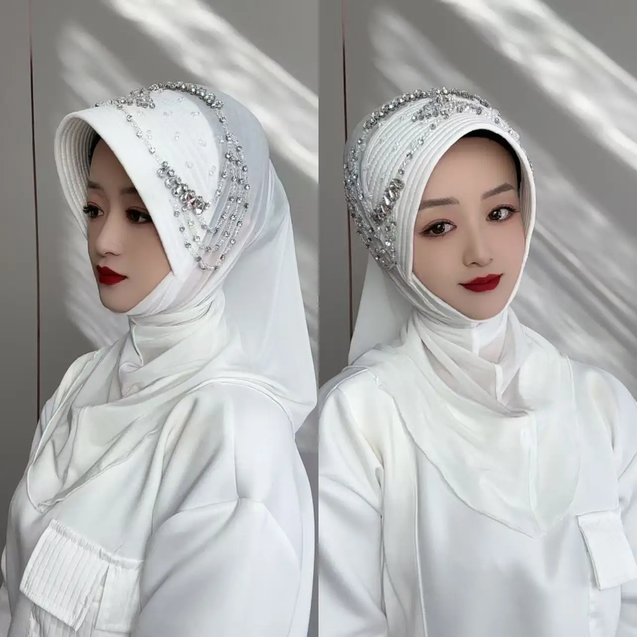 New Muslim Star Tao yarn fabric handmade convenient scarf with pull-on sponge hat brim and hand-sewn rhinestones