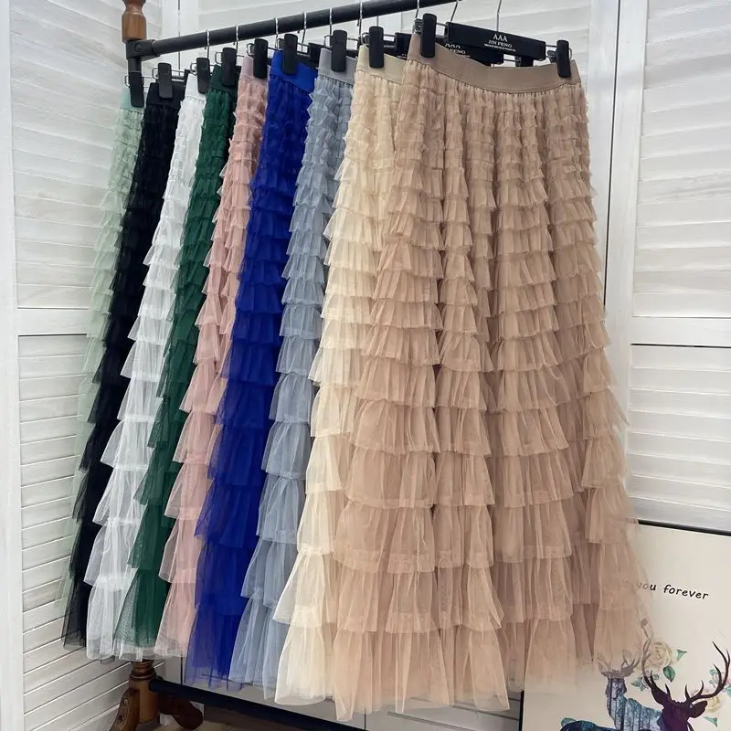 

Ele High Waist A-Line Tulle Skirt with Lace Hemline Korean Sle Commute Cake Skirt Polyester Fiber Mid-Length Pure Color