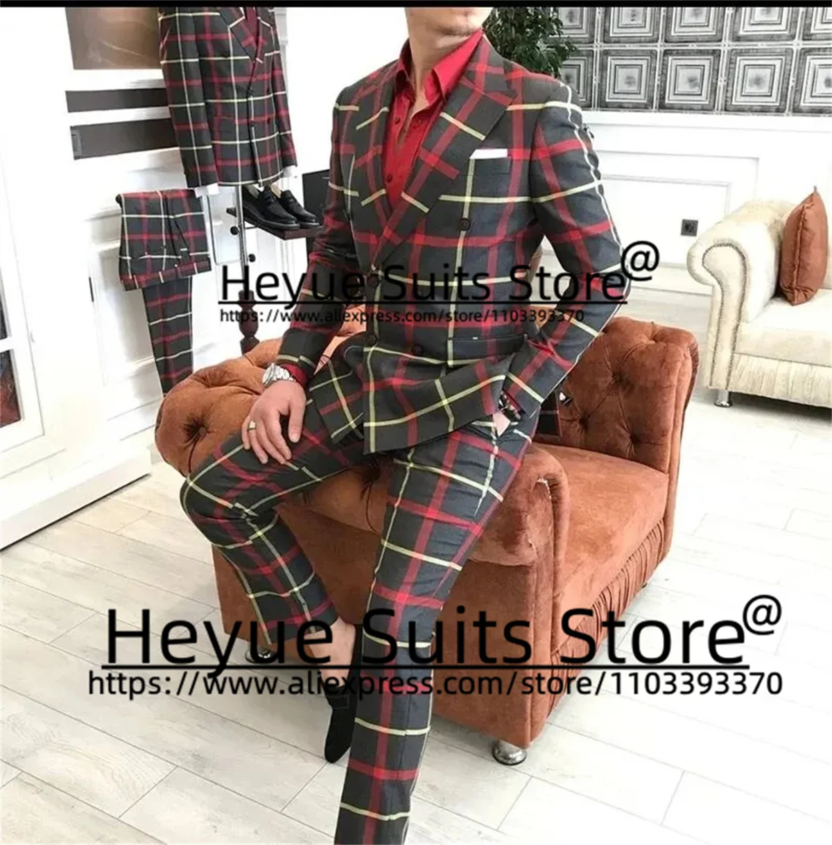 British Fashion Plaid Men Suits Slim Fit doppiopetto sposo smoking formali Prom 2 pezzi set Casual maschile Blazer Costume Homme