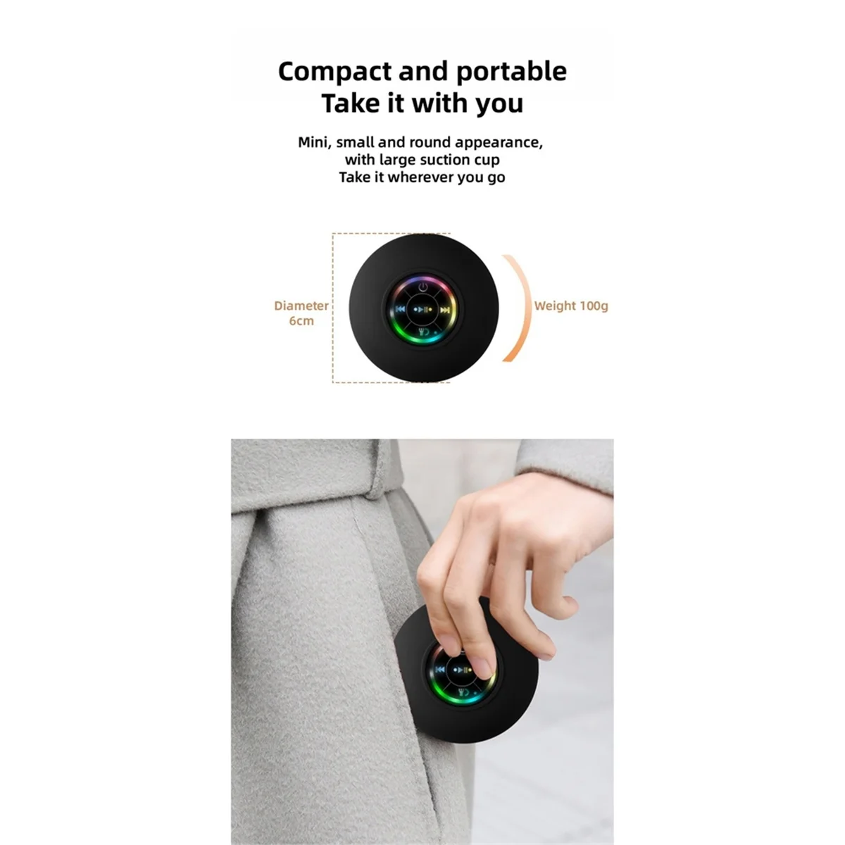 Mini Bluetooth Speaker Waterproof Bathroom Audio Wireless Shower Speakers RGB Light Bluetooth Suction Cup Speaker, Black