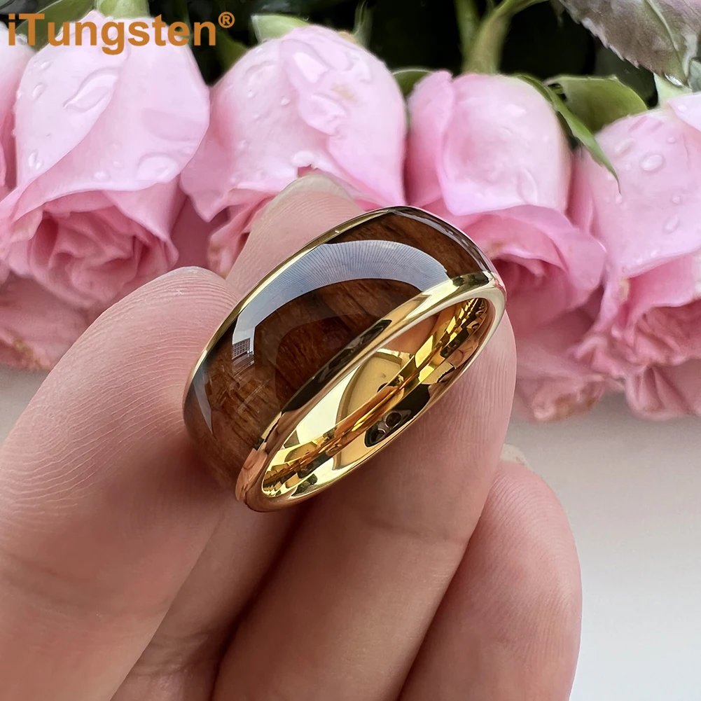 iTungsten 8mm 6mm 4mm Men Women Tungsten Wedding Band Fashion Jewelry Ring With Dark Wood Inlay Domed Polished Comfort Fit