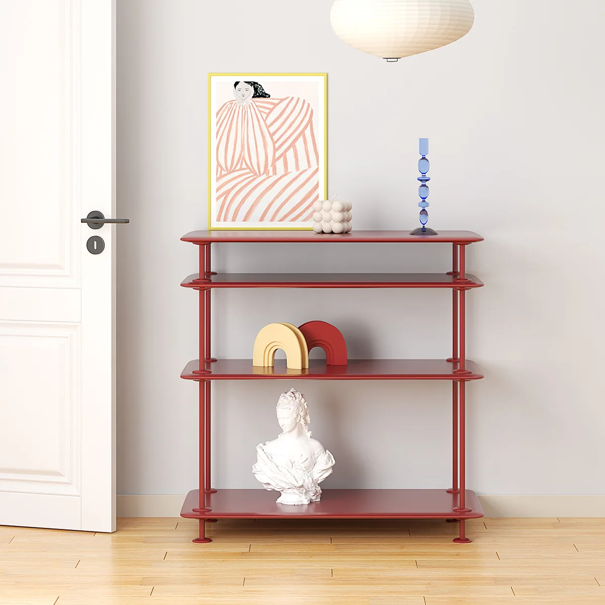 red art wall side shelves, solid wood light luxury living room entrance shelves, modern bedroom shelves