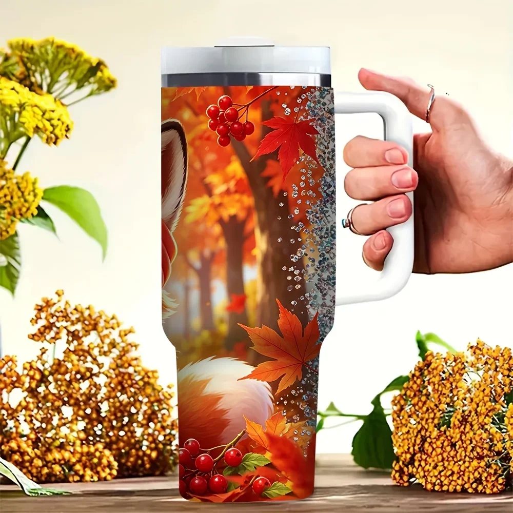 Cute Autumn Fox Maple Berry Print 40Oz Tumbler with Handle, Suitable for Everyone, Ideal for Fall Season, Perfect for Outdoor Daily Use, Fits Both Hot And Cold Drinks