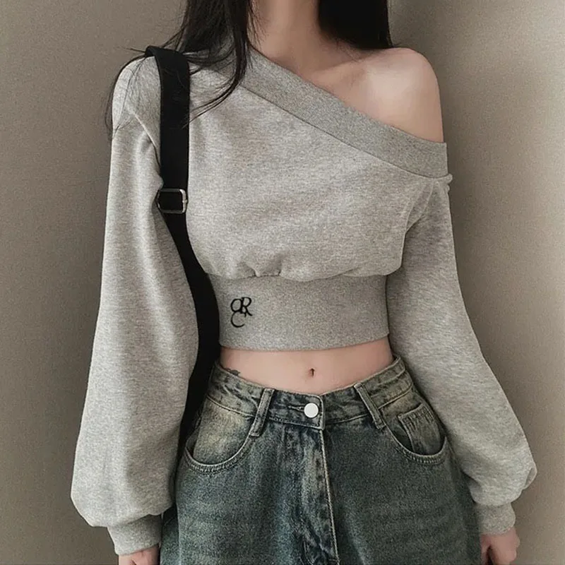 SUCHCUTE Women Irregular Skew Collar Waisted Shorts Crop Top Casual Solid Long Sleeve Pullover Sweatshirt 2024 Autumn Korean Top