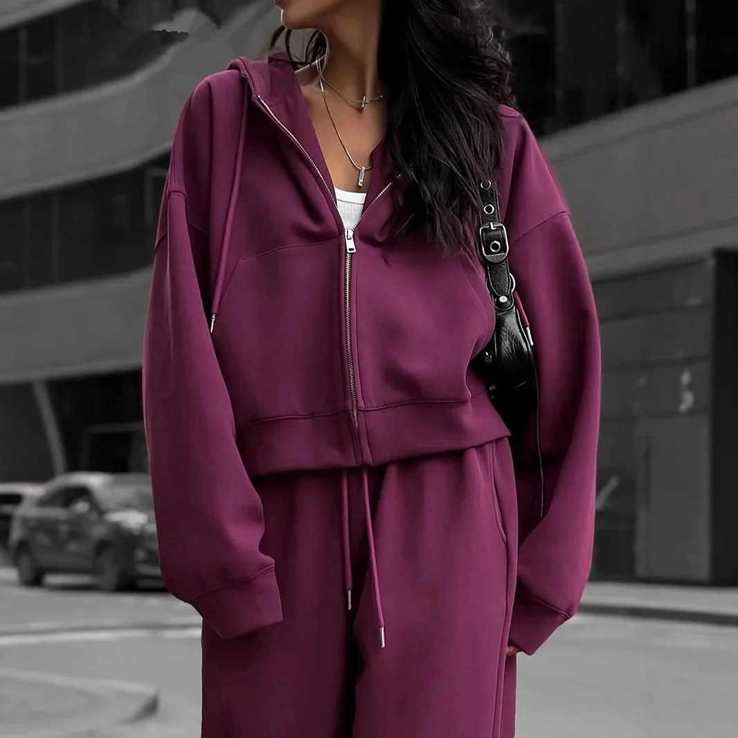 

2025 New Fashion Loose Purple Women's Trousers Set Elegant Long Sleeve Jacket with High Waist Trousers