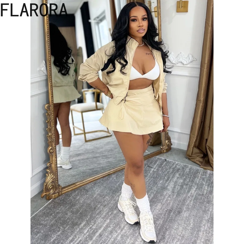 

FLARORA Trend Color Blocking 2 Piece Sets Woman Casual Full Sleeve Zip Crop Jacket And Shirring Shorts Skirt Street Tracksuits