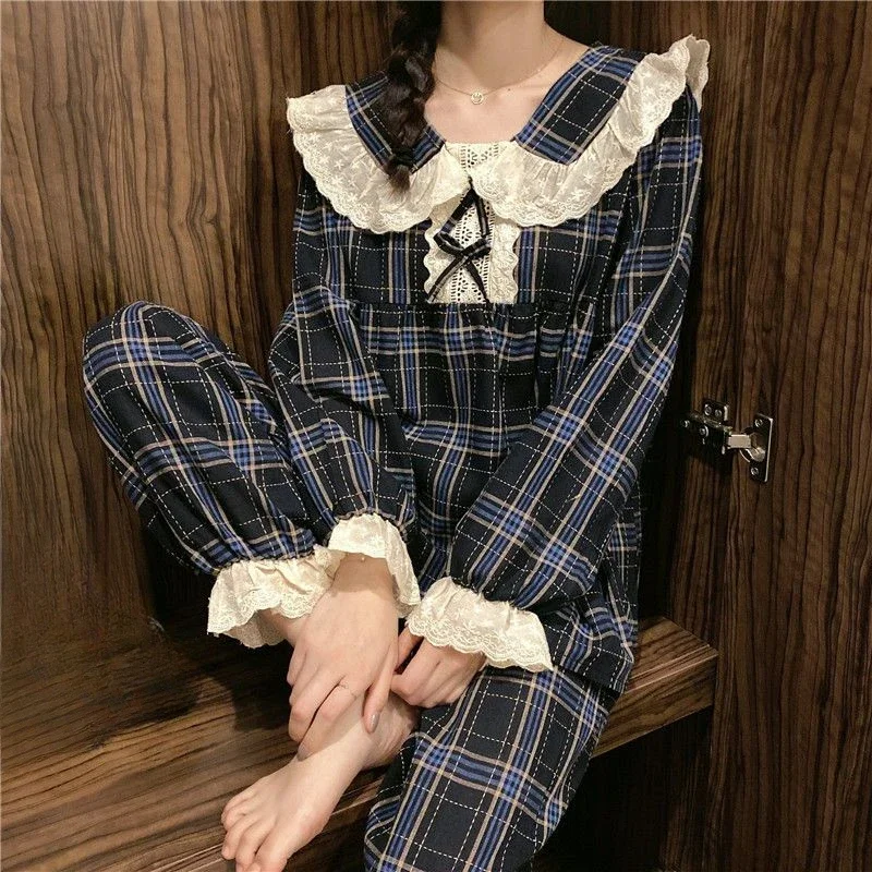

Doll Collar Plaid Sleepwear Women Spring Pajamas Korean Style Lace Pyjamas Set Long Sleeve Sweet Loose Leisure Home Wear Suit