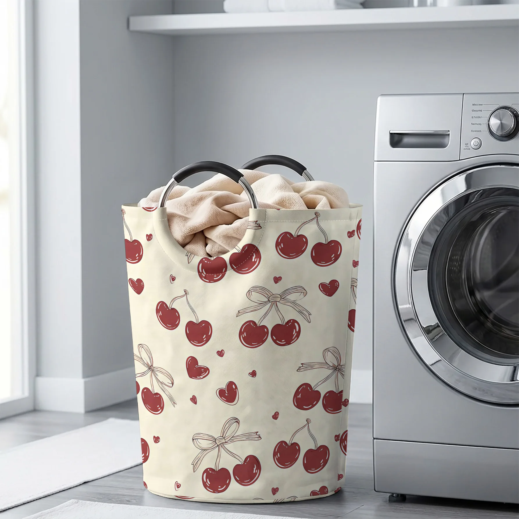 Cherry Bow And Heart All‑Over Print Handheld Storage Basket, For Laundry, Bedroom & Home Sundries Storage