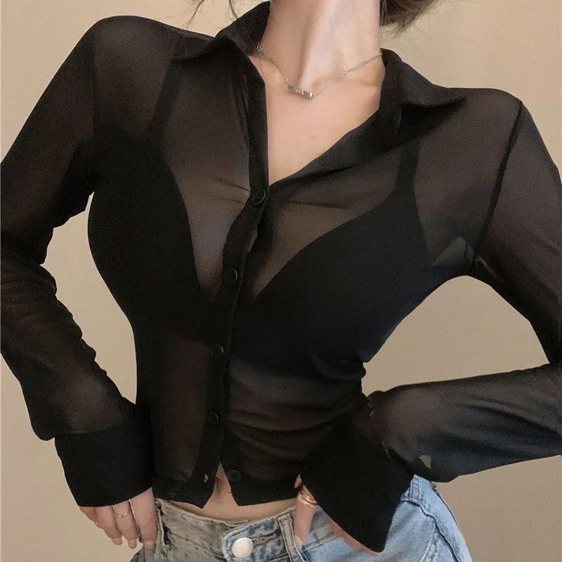 Y2K Women Mesh Sheer Blouse Chiffon See-through Long Sleeve Top Shirt Blouse Fashion Organza Transparent Shirt Female Blusas