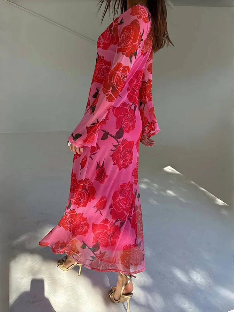 Oniflyme シースループリントメッシュマキシドレスの女性のファッション花ラウンドネック長袖ルーズドレスセクシーな休暇衣装ローブ