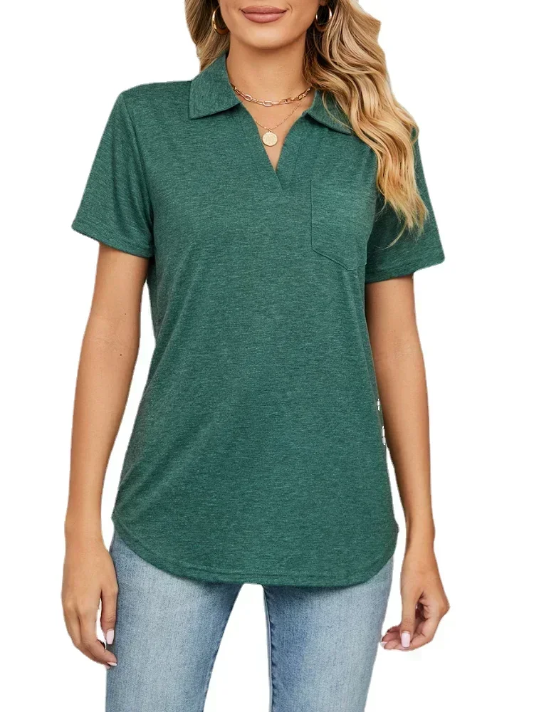 Women Short Sleeve Lapel Neck Solid T Shirt Tops