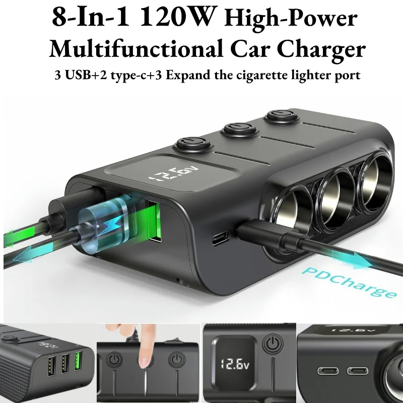 120W Car Phone Charger Cigarette Lighter Adapter Multi Ports Quick Charge USB Charging Socket With Switch Auto Electronic 