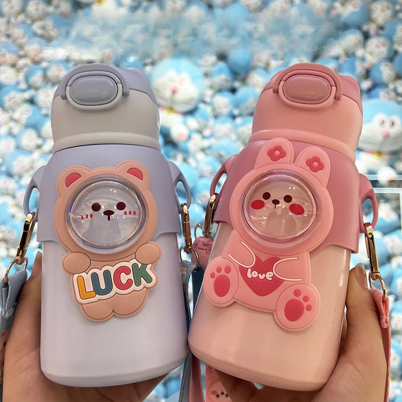 500ml Cute 3D Bear Rabbit Kids Insulated Water Bottle with Straw, Portable Stainless Steel Thermos with Strap view 3