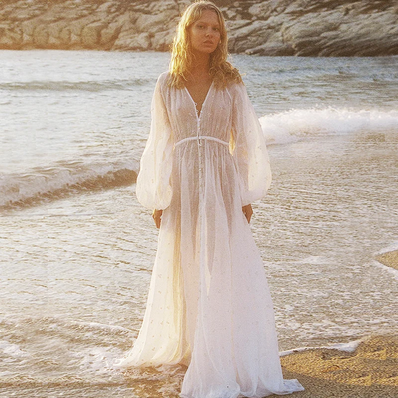 TEELYNN-Robe longue à manches longues pour femmes, col en V vintage, lanterne, robe maxi pour femmes, robe décontractée, robes brodées en coton, été Boho Beach Vestieducational