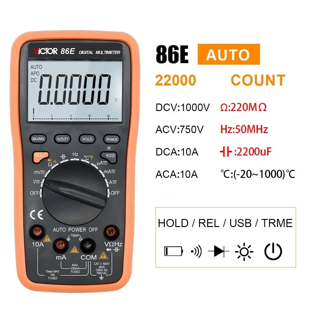 Ruoshui 86E Digital Multimeter 22000 Counts Auto Range AC/DC Temperature Frequency Capacitor USB Tester Connect Transfer