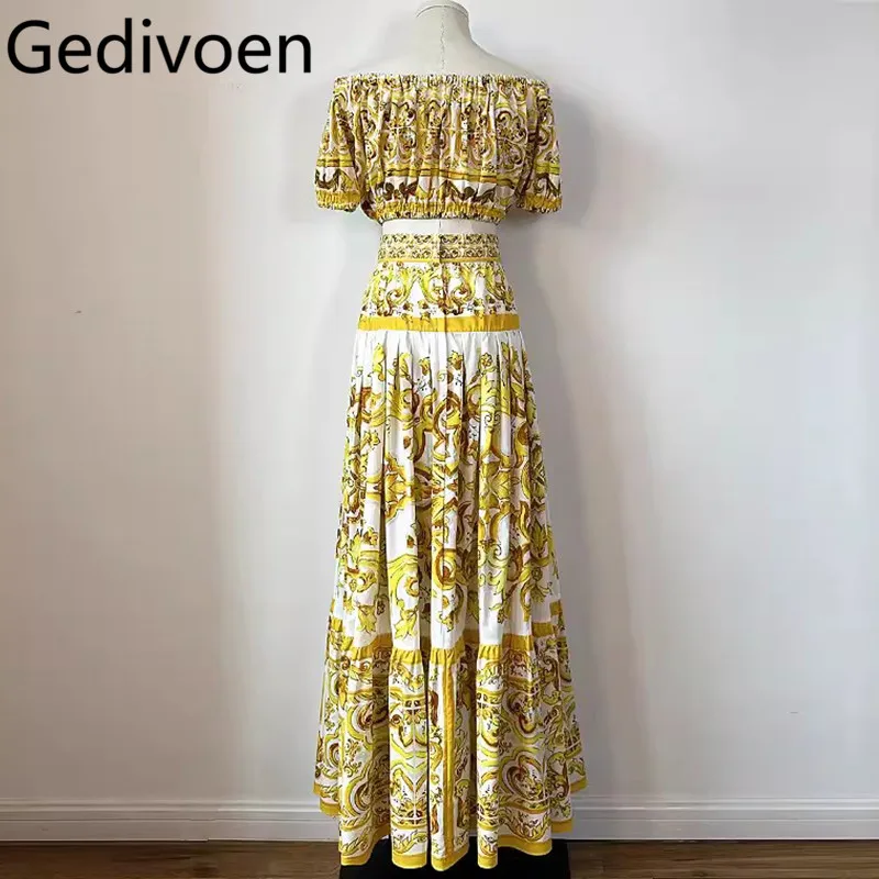 Gedivoen Summer Women's Suit Slash Neck Short-Sleeved Tops+New Fashion Big Swing Pleated Skirt Baroque print Cotton 2 piece set