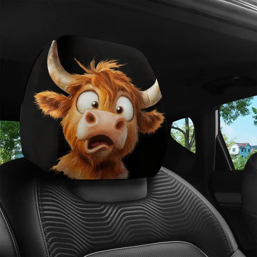 2 Pieces Funny Surprised Highland Cow Car Headrest Covers, 2D Printed Elastic Universal Car Seat Headrest Protectors