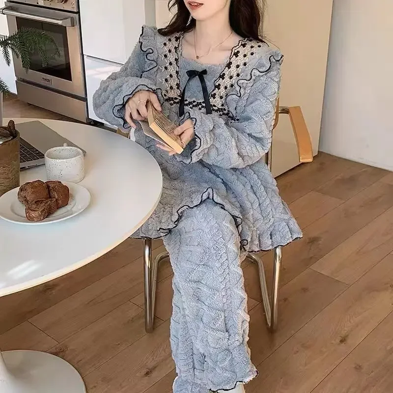 Square Neck Autumn/Winter Coral Velvet Pajama Lady Thickened Sweet and Lovely Flannel Homewear Two-piece Set Loungewear Women