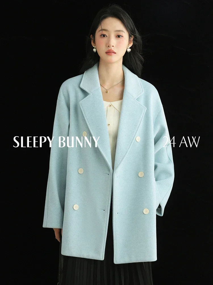 

Double-Breasted Wool-Like Coat Petite Women Fall Winter Loose Fit Mid-Length Elegant Overcoat High-End Minimalist Outerwear 2025