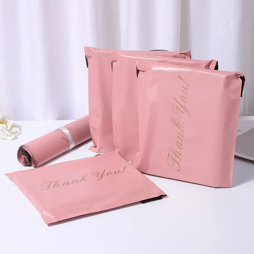 Relcheer 50Pcs PE THANK YOU Express Packaging Parcel Bag Pink Envelope Shipping Delivery Bags Waterproof Logistics Mailing Pouch