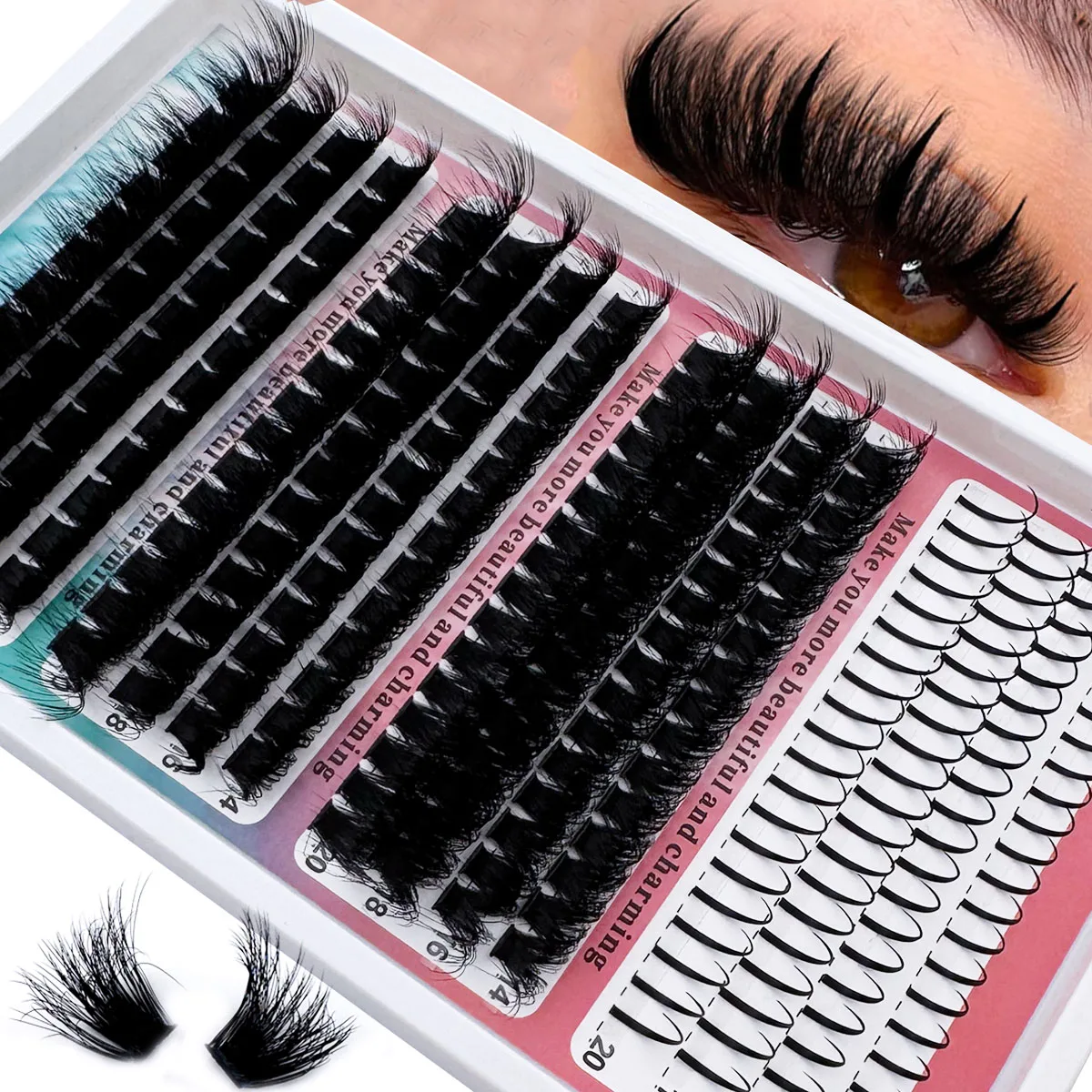 UMIRYAO Spikes+120D+160D+200D/Spikes+60D+80D+100D/Spikes+40D+60D+80D DIY Eyelash Clusters Bulk Packs with Adhesives - Cosmetic Polyester D-Curl False Eyelash Extensions Box Set, 0.07mm 14-20mm Mixed Lengths, 320/312/240pcs , Natural Fluffy Style