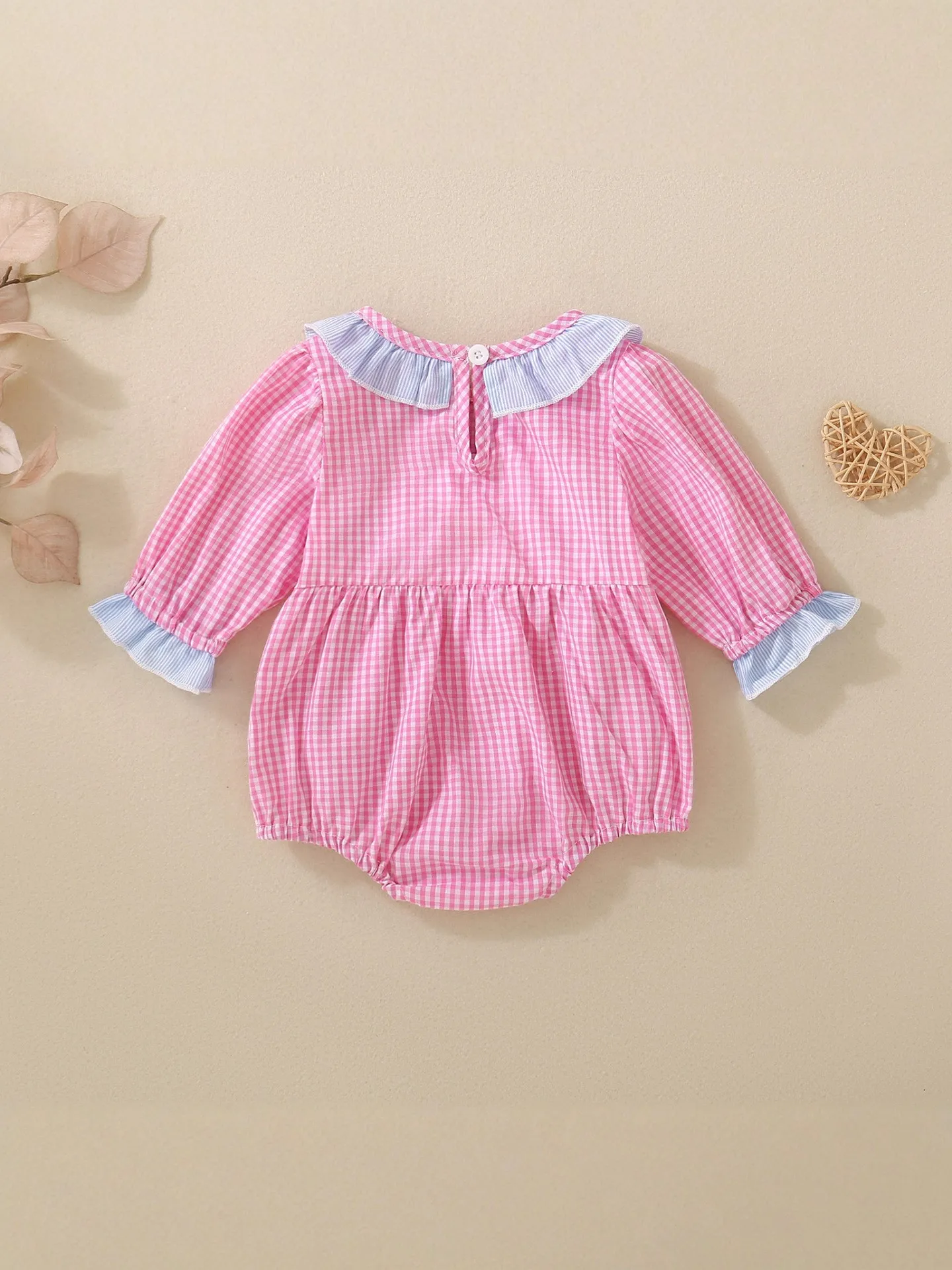 Pink Plaid Booties Spring Autumn Season Long Sleeve Embroidered Romper Cute Suitable for Infants 0-1 Year Old Girls