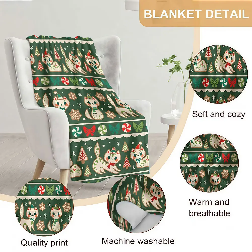 Christmas Cat Stripe Print Soft Warm Flannel Blanket Lightweight Cozy Christmas Halloween Home Decor Room