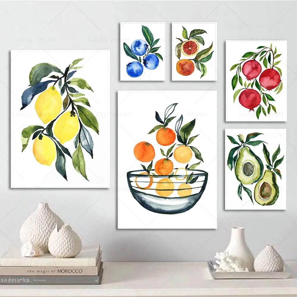 Fruit Lemon Watercolor Painting Prints Oranges Blueberry Pineapple Canvas Posters Wall Art Pictures Modern Kitchen Decorative