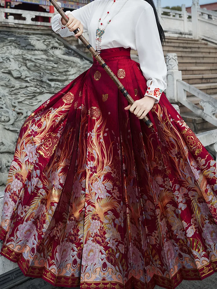 Saia feminina de cintura alta com cara de cavalo, terno nacional, bordado vermelho, trabalho pesado hanfu, novo estilo chinês, roupas femininas melhoradas, vermelho