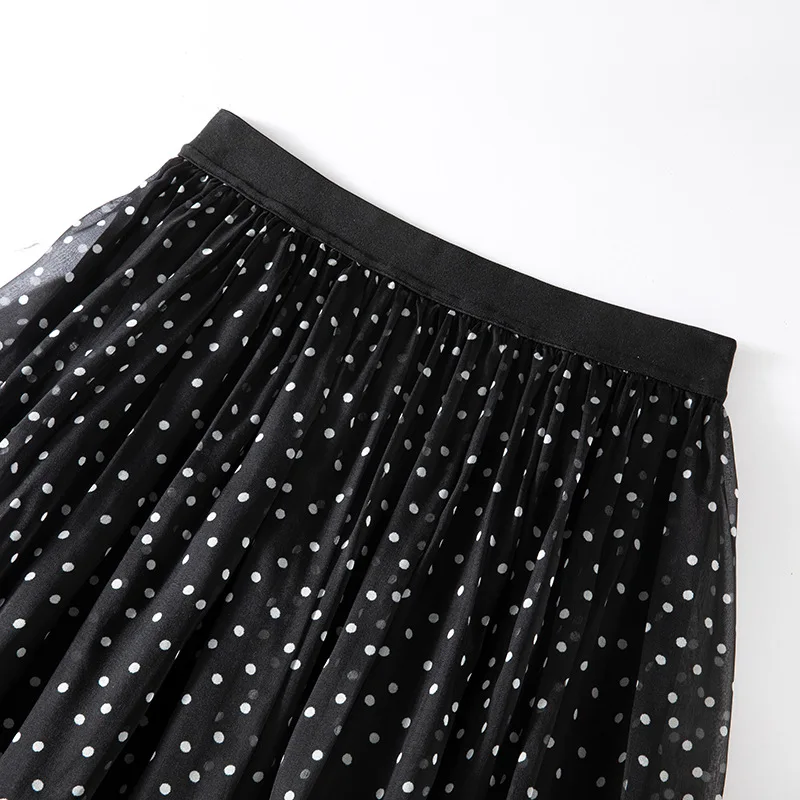 Birdsky, 1PC Women summer skirt small dot big sweep skirts double layers 100% real mulberry silk georgette Black, S-1054