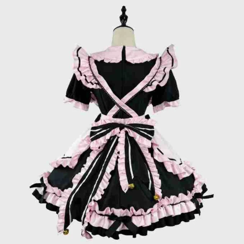 Anime Gothic Lolita JSK fur s, Short Sleeve, Kawaii Bow, Maid Party fur ses, Cosplay Cats Girl, Harajuku Cute Pink Ruffles, Black