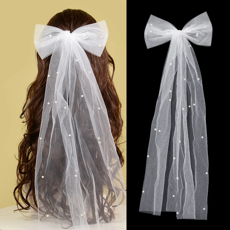 Wedding Veil Bow Hair Clip Temperament Headpiece Wedding Hair Accessory Cut Edge Bridal Veil For Bride Shower Party Decoration