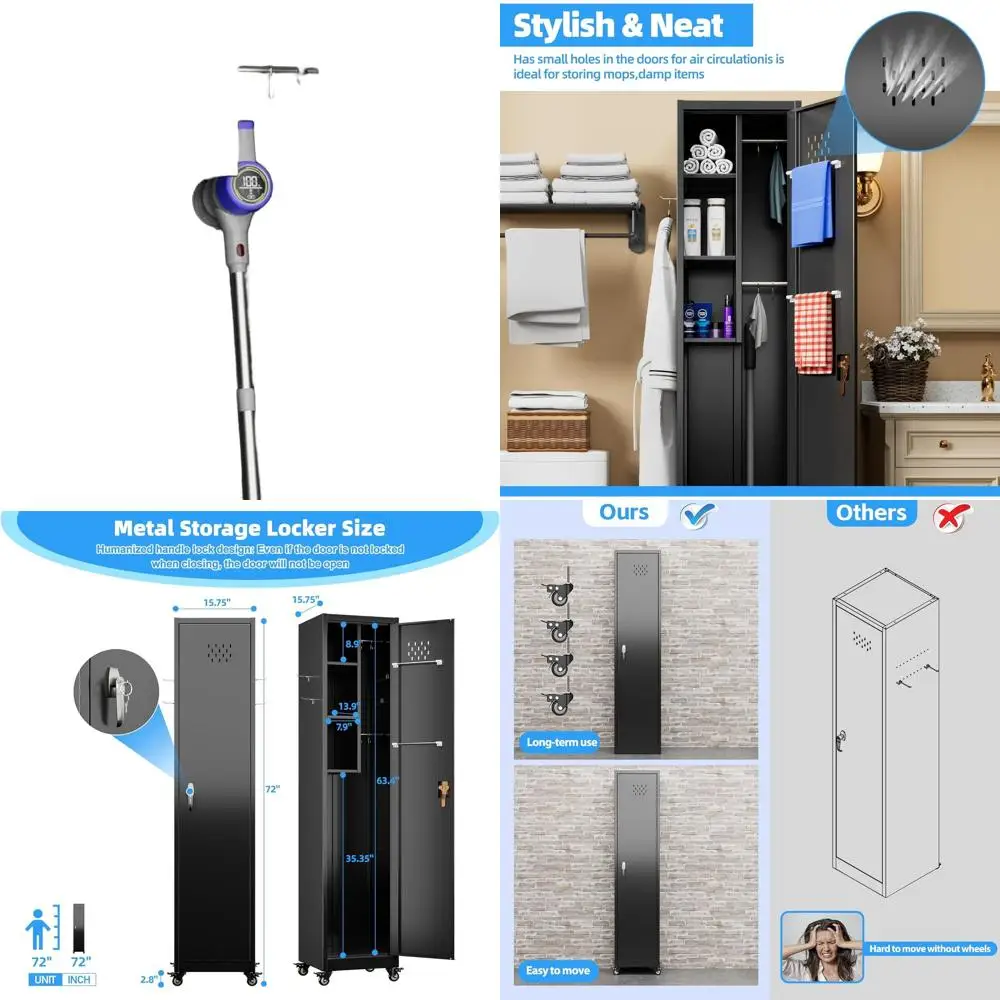 

Высокий стальной шкаф-органайзер для хранения (72 дюйма) на колесиках, черный, для гаража, для инструментов и уборки, с перфорированными панелями и крючками, сборка